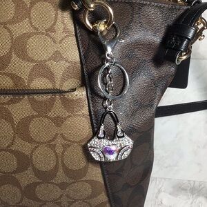 Rhinestone Purse Charm, Black Handle, Silvertone